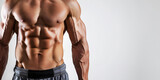Fit man with flat abs cubes. Banner with copy space.