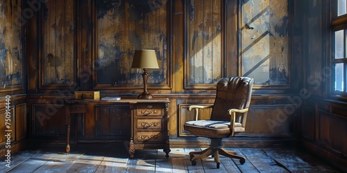 Wooden chair by the desk bathed in soft light invites a sense of calm and focus.