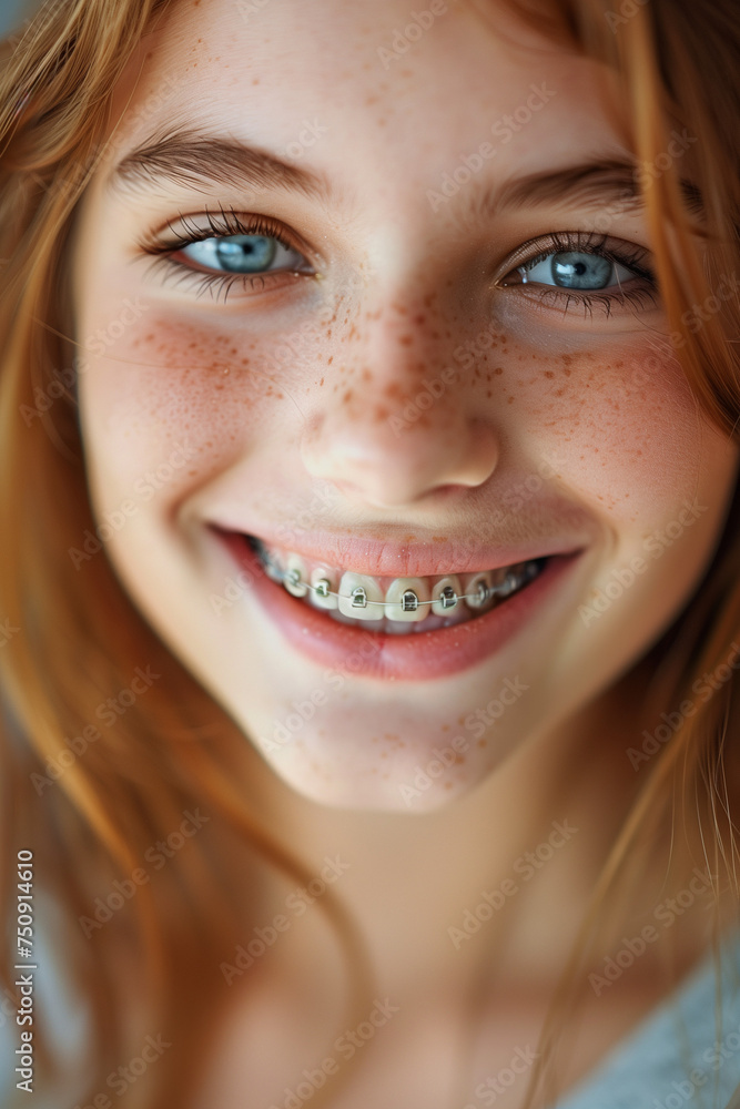 Portrait of a happy smiling caucasian girl with healthy teeth with metal braces. Close up. Copy space. High quality photo Portrait of a happy smiling caucasian girl with healthy teeth with metal braces. Close up. Copy space. High quality photo
