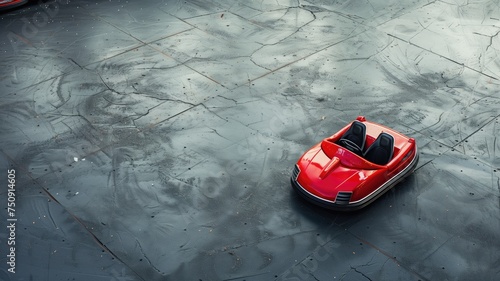 An empty red bumper car sits alone on a grey, textured concrete floor, evoking a sense of abandoned play