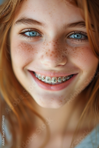 Portrait of a happy smiling caucasian girl with healthy teeth with metal braces. Close up. Copy space. High quality photo