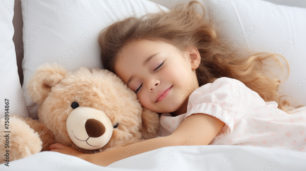 Cute little girl sleeping with teddy bear in bed Cute little girl sleeping with teddy bear in bed