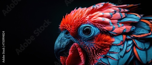 a close up of a red and blue parrot's head with a black back ground and a black background.