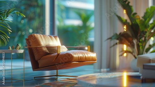 Elegant leather armchair in a contemporary living room bathed in natural light