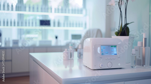 High-tech skincare device on a white counter in a modern clinic