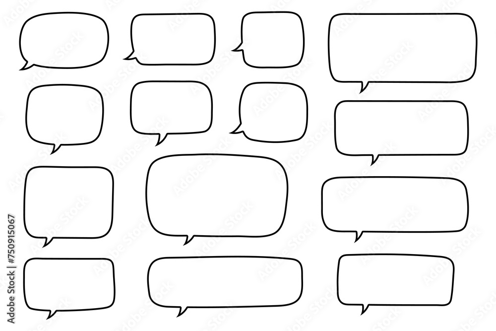 Set of hand drawn line speech bubbles in rectangular shape. Speech balloon, chat bubble art vector line speech bubbles for apps and websites.