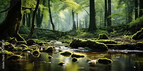A stream cuts through a dense green forest