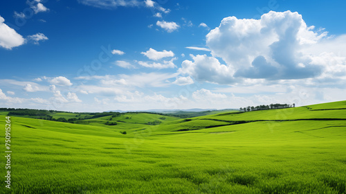 green field and blue sky. field and clouds