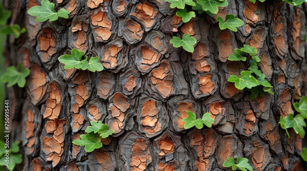 a close up of a tree trunk with a bunch of green leaves growing on the bark and leaves on the bark.