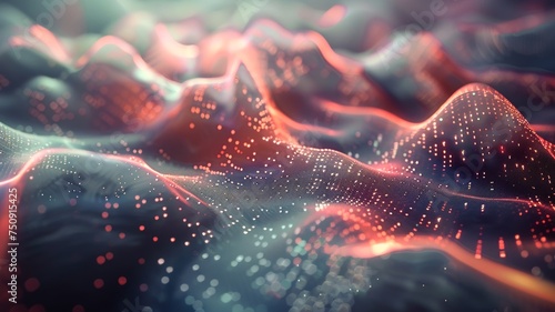 Futuristic visualization of a digital network with glowing particles and waves © Omtuanmuda