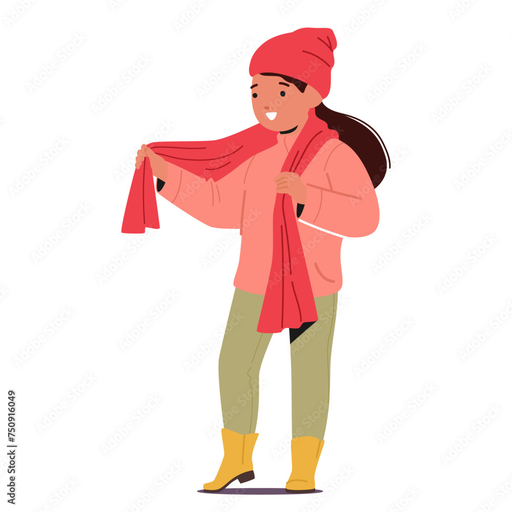 Little Girl Wraps Herself In A Cozy Knitted Scarf And Snugly Fits A Winter Hat Over Her Ears, Ready For A Chilly Walk Little Girl Wraps Herself In A Cozy Knitted Scarf And Snugly Fits A Winter Hat Over Her Ears, Ready For A Chilly Walk