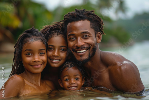 African family mom, dad and child swim on tropical sea against the background of palm trees © sofiko14