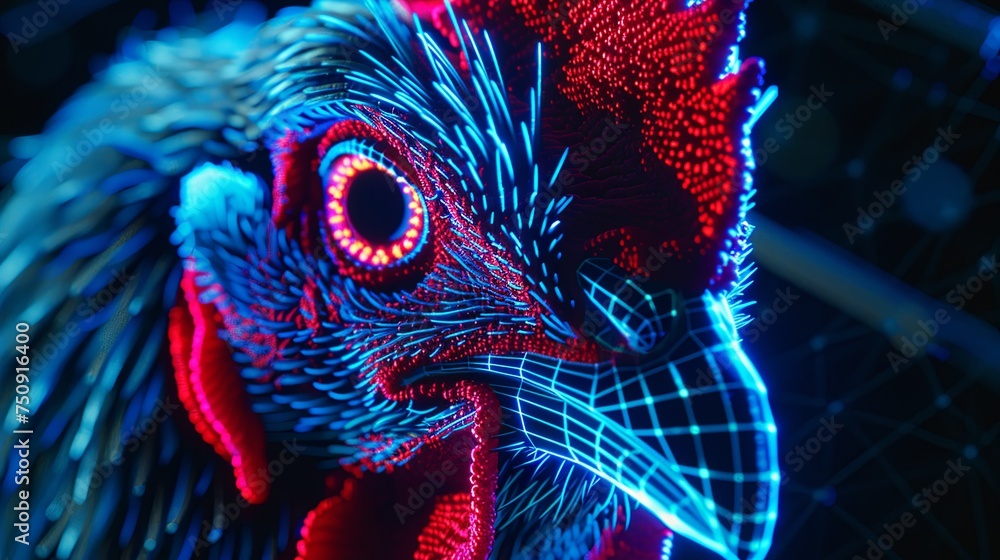 Close-up of a rooster's face in grid style. Polygonal computerized image of a chicken. Facial recognition grid on a live object. Illustration for cover, card, poster, brochure or presentation. - obrazy, fototapety, plakaty 