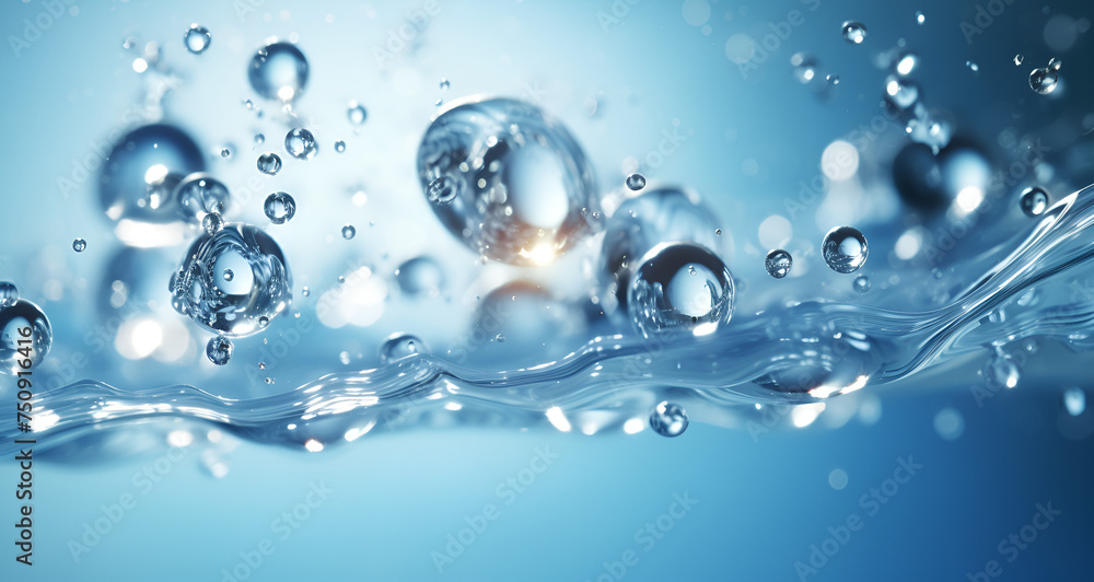 Macro Shot of  Fresh Water Droplets on Abstract Aquatic Blue Background Photography