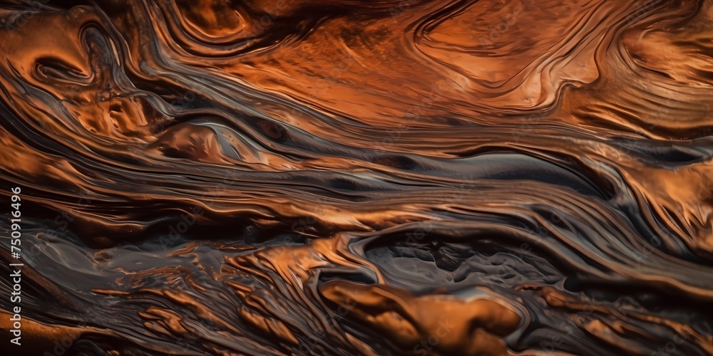 A close-up view reveals the intricate textures and patterns formed by the swirling currents of molten copper and molasses hues. A close-up view reveals the intricate textures and patterns formed by the swirling currents of molten copper and molasses hues.