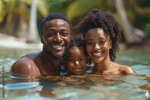 African family mom  dad and child swim on tropical sea against the background of palm trees