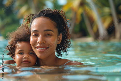 African mother holds a child in his arms while swim in tropical sea with palm trees