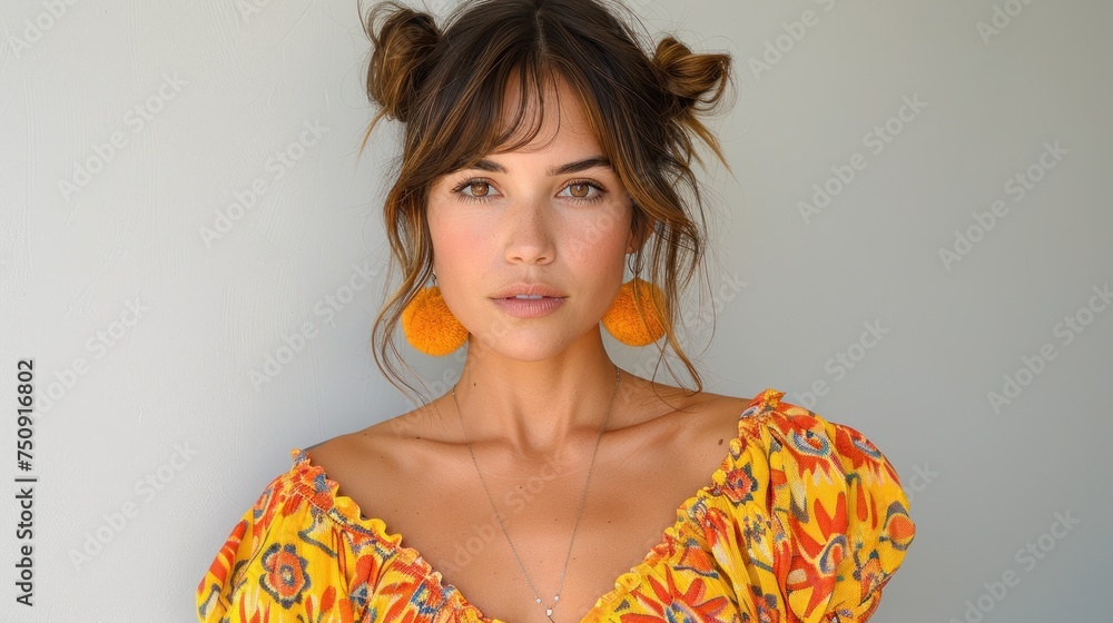 a close up of a person wearing a dress and a pair of earring's with a white wall in the background. a close up of a person wearing a dress and a pair of earring's with a white wall in the background.
