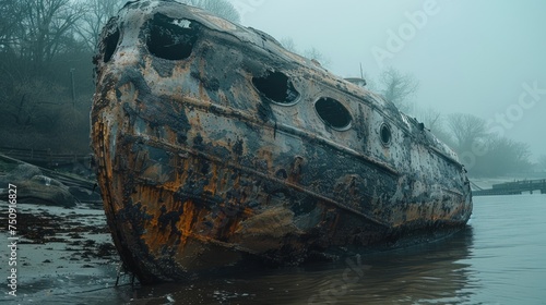 an old rusted boat sitting in the middle of a body of water on a foggy, overcast day. photo