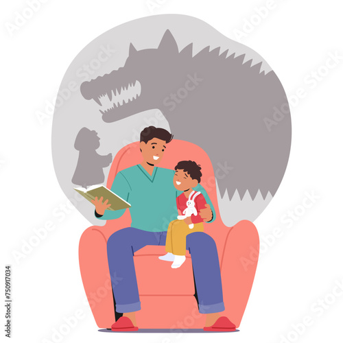 Dad And His Kid Family Characters Snuggle In An Armchair, A Fairy Tale Book Open Before Them, As He Reads Aloud