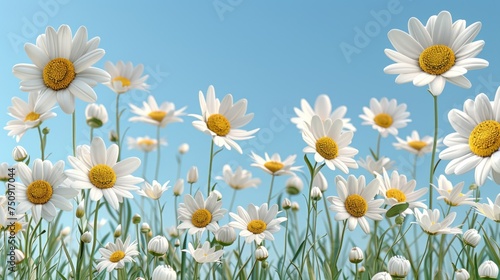 a field of white and yellow daisies with a blue sky in the backgrounnd of the picture.