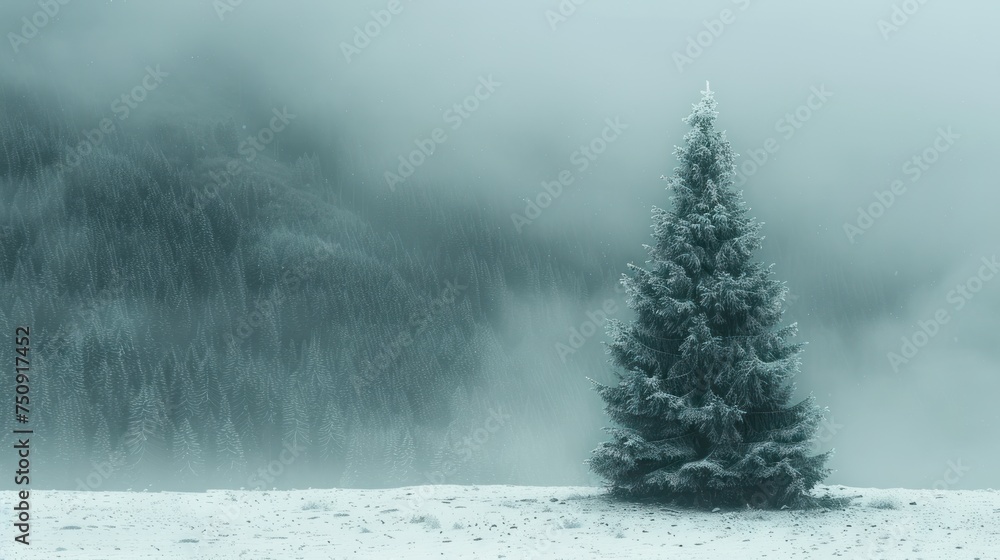 a lone pine tree stands in the snow in front of a mountain covered in fog and snow with a dustin of snow on the ground.