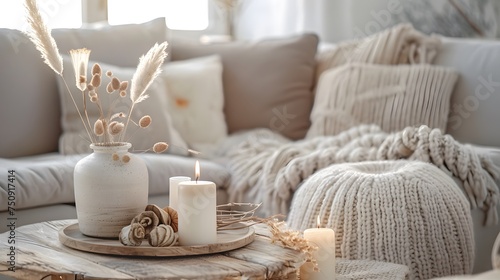 Cozy and stylish living room interior. Couch with decorative cushions in pastel neutral colors and wooden table with candles, vase with dry plants and natural decorations