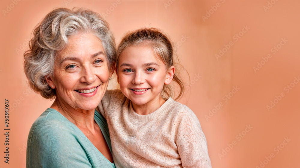 The grandmother with her smiling granddaughter, in a peach fuzz background. AI Generated The grandmother with her smiling granddaughter, in a peach fuzz background. AI Generated