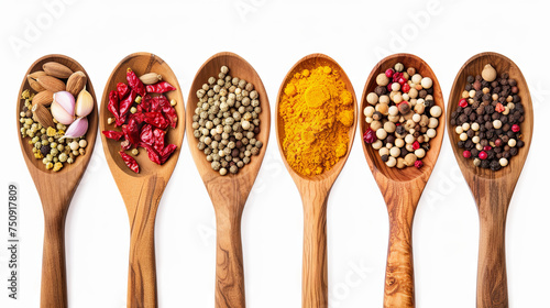 Various spices in spoons on a white isolated background
