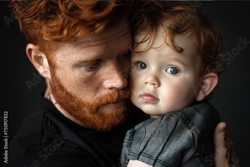 studio fashion shot of natural beauty red haired perfect skin man with son 