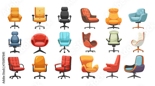 Office chairs in cartoon flat style, vector pack. Colorful furniture, with back adjustment and armrests, room interior objects, modern and old design armchair, isolated on white background