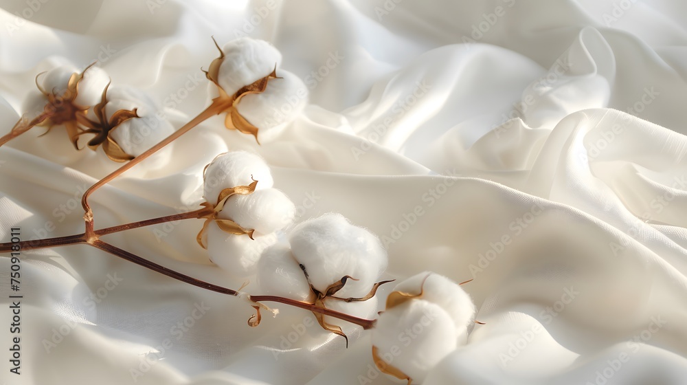 Elegant Cotton Bolls on White Fabric. Soft cotton bolls resting on delicate white cotton fabric, symbolizing natural fibers and purity.