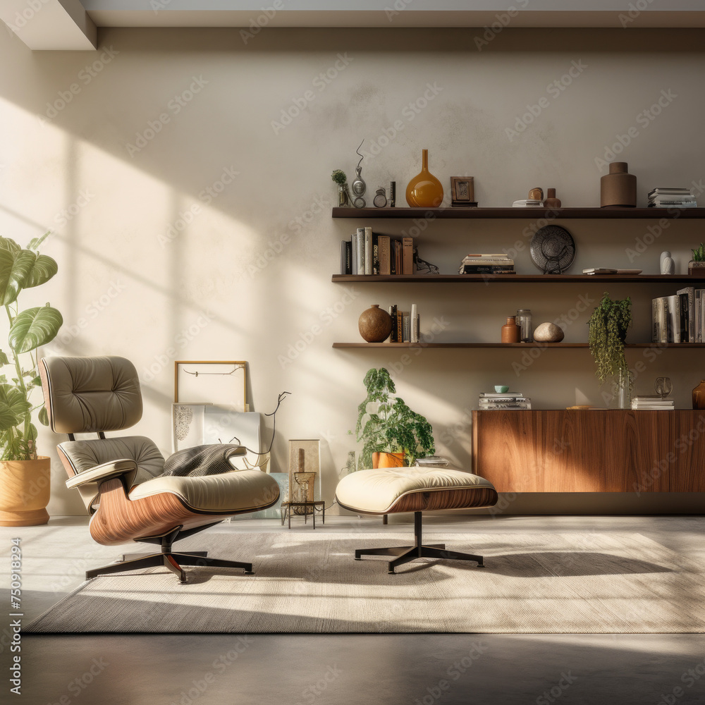 A modern living room with an oversized armchair, a floating shelf, and a mix of modern and vintage furniture pieces A modern living room with an oversized armchair, a floating shelf, and a mix of modern and vintage furniture pieces