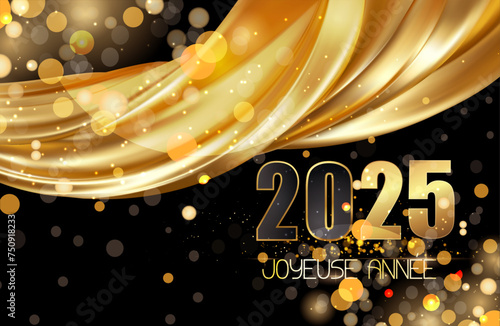 carte ou bandeau pour souhaiter une joyeuse année 2025 en noir et or avec un drapé de tissu couleur or sur fond noir avec des ronds en effet bokeh