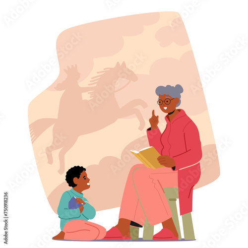 Granny Character Reading Fairy Tale to her Grandson. Cozy Armchair, Soothing Voice Weaves Enchanting Tales
