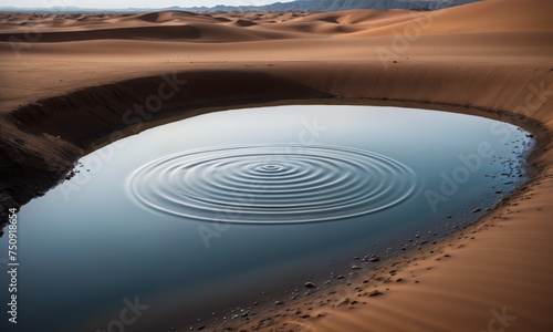 small pool of water in the desert creates ripples as it is disturbed. The water is surrounded by sand dunes and mountains in the distance.