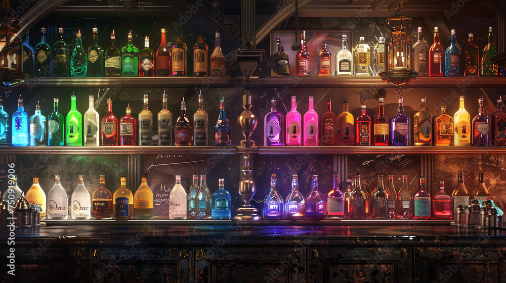 Colorful bottles of rum, tequila, and gin line the bar, creating a vibrant and inviting atmosphere.
