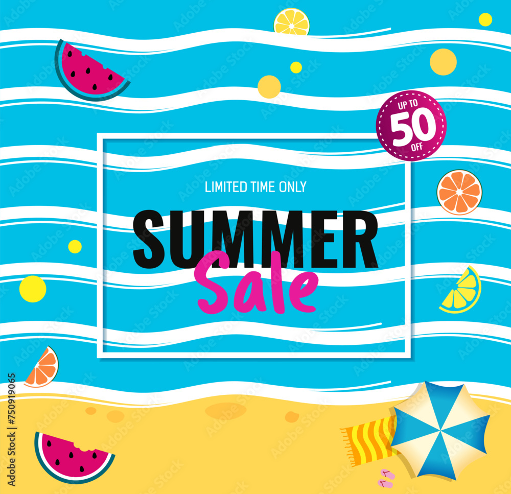 Bright Sale banner, template design with summer fruit and abstract sea. Text Summer Sale. summer beach with fruit. Vector promo illustration