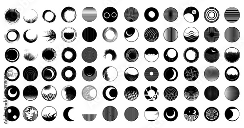 Round logos in black color  large vector bundle. Circles with blobs  lines  moon  sun  abstract icons  visual artifacts  geometric minimalist stamps  with splaches  set isolated on white background