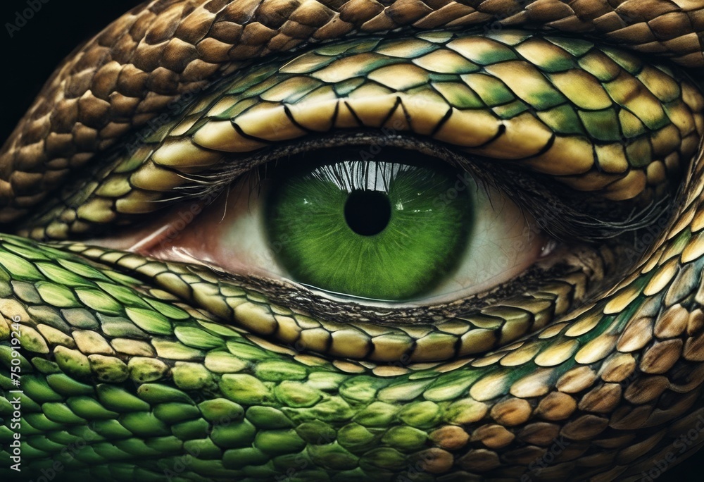 Fototapeta premium image, snake, eyes, eyelashes, surreal, nature, green, glisten, scale, femininity, eye, animal, feature, head, reptile