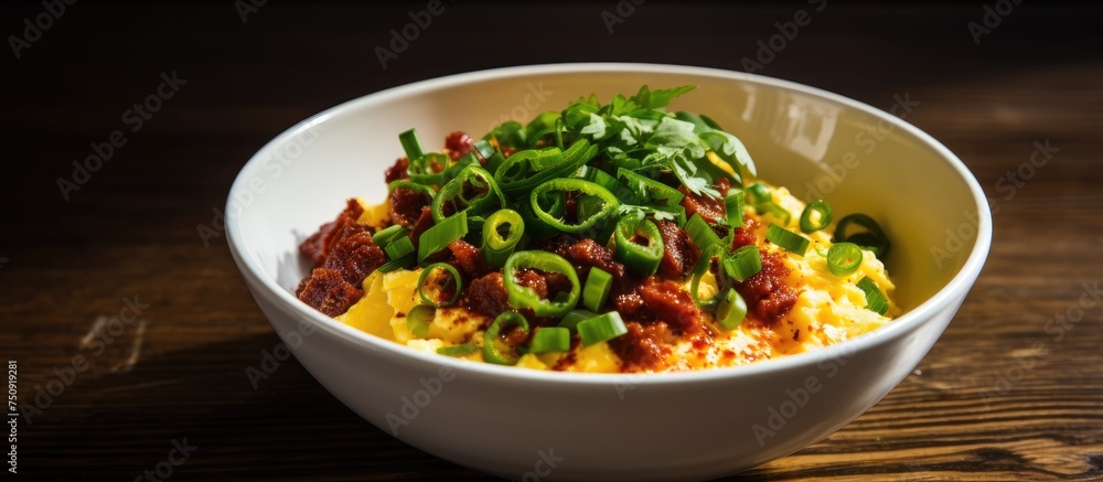 A white bowl containing a generous portion of scrambled eggs mixed with scallions and chorizo, placed on top of a sturdy wooden table. The colorful and tasty dish contrasts beautifully against the A white bowl containing a generous portion of scrambled eggs mixed with scallions and chorizo, placed on top of a sturdy wooden table. The colorful and tasty dish contrasts beautifully against the