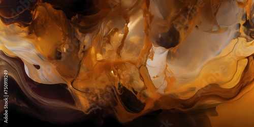 Veils of golden caramel and rich mocha converge in a hypnotic dance, mirroring the fluid movement of molten copper and molasses hues against an abstract, ethereal backdrop.