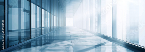 a modern corporate corridor with expansive glass windows casting dynamic shadows on a glossy floor