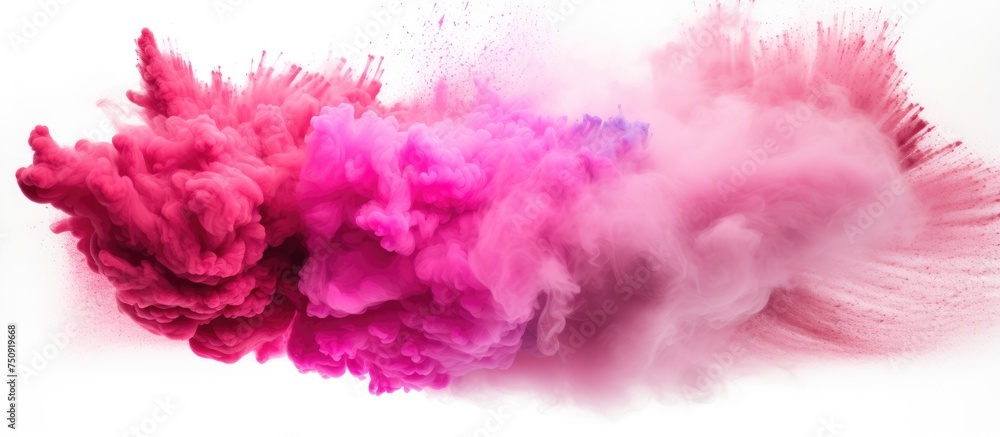 A pink and red substance are exploding in the air, creating a vibrant and colorful cloud. The particles scatter in all directions, creating a dynamic and energetic visual display.