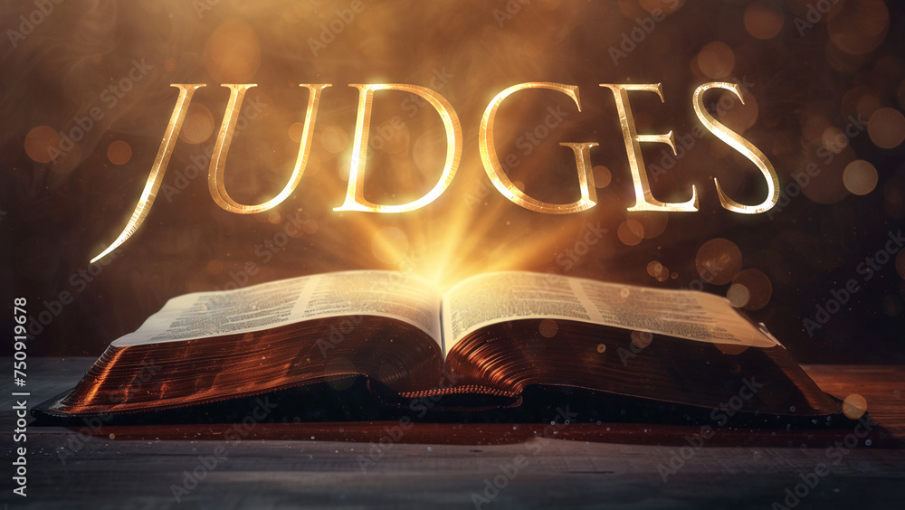 Book of Judges. Open bible revealing the name of the book of the bible in a epic cinematic presentation. Ideal for slideshows, bible study, banners, landing pages, religious cults and more - obrazy, fototapety, plakaty 