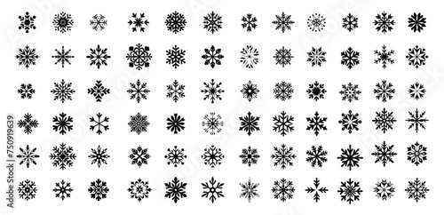 Snowflakes  vector set. Big bundle of winter symbols in black and white design. Geometric icons of ice  cold  frozen water  snow avatars  isolated on white background