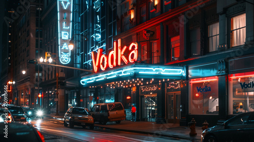 Illuminating the night with its colorful glow, a neon sign spelling "Vodka" in bold lettering captures attention and adds a touch of excitement to the city streets.