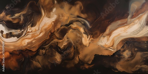 Veils of golden caramel and rich mocha converge in a hypnotic dance, mirroring the fluid movement of molten copper and molasses hues against an abstract, ethereal backdrop. photo