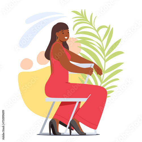 Stunning Black Woman Exudes Confidence In Red Overalls, Seated Gracefully On A Chair. Her Poised Pose Reflects Style