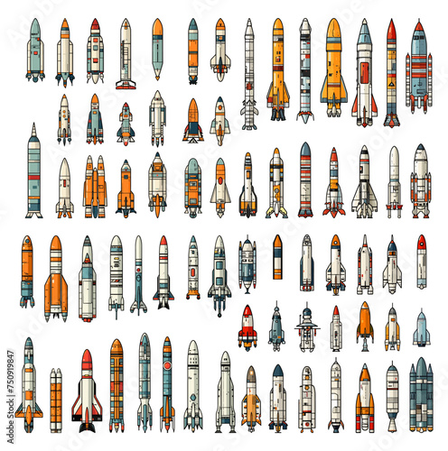Space rockets, shuttles, carriers, satellites, flying objects, launched mechanisms, cartoon style, large vector set. Flat color detailed illustration isolated on white background